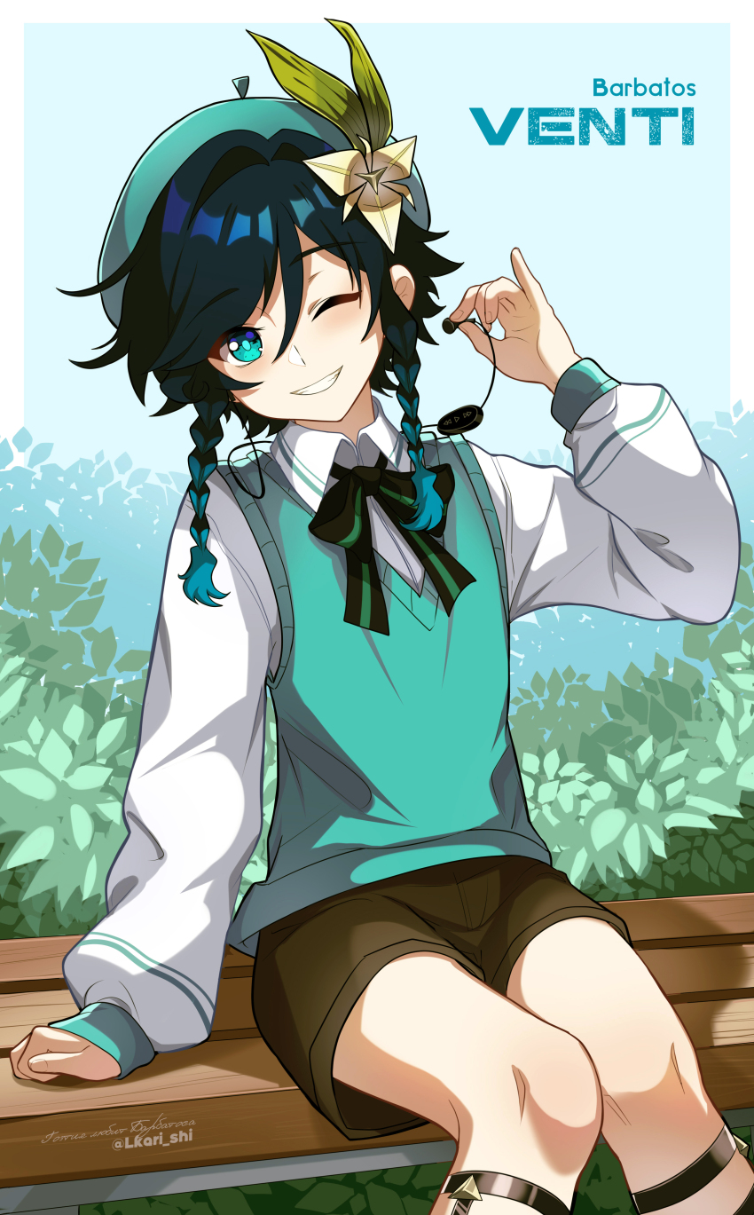 1boy absurdres alternate_costume aqua_eyes aqua_hair aqua_hat aqua_vest bench beret black_bow black_bowtie black_hair bow bowtie braid brown_shorts character_name flower genshin_impact gradient_hair green_hat hair_flower hair_ornament hat headphones highres leaf lkari_shi long_hair long_sleeves looking_at_viewer male_focus multicolored_hair one_eye_closed shirt shorts sitting smile solo sweater_vest teeth twin_braids venti_(genshin_impact) white_shirt