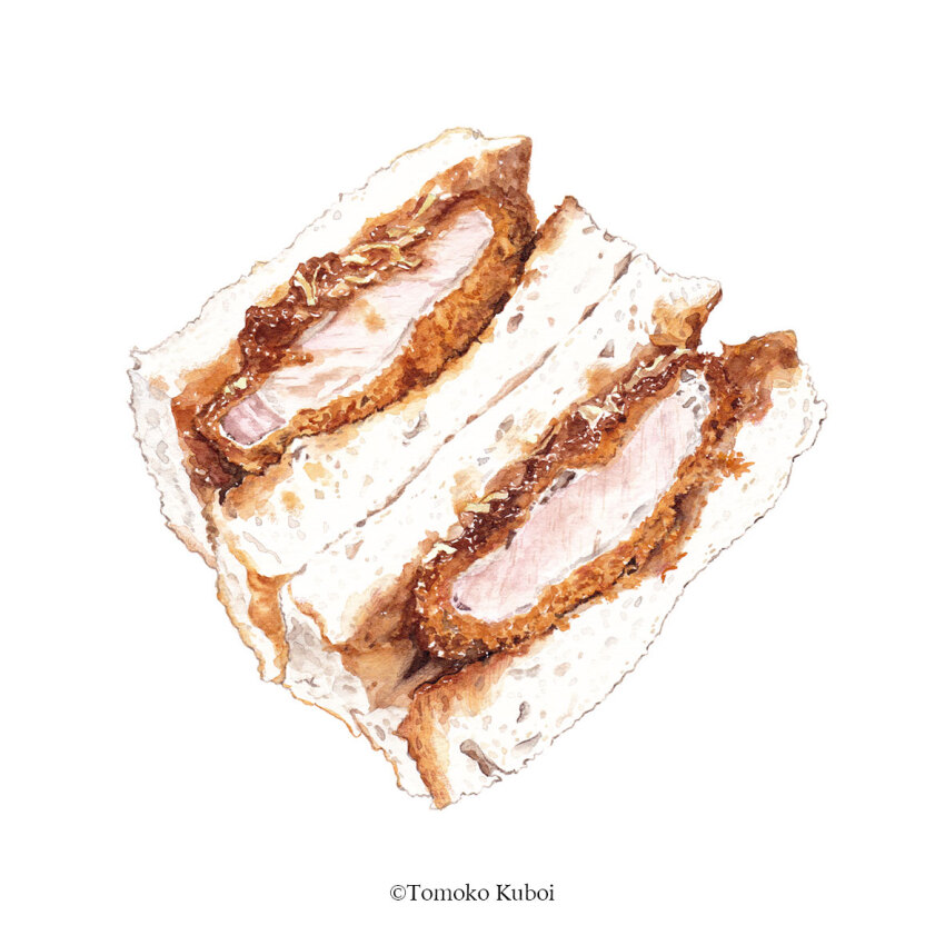 artist_name food food_focus katsu_(food) kuboitomoko meat no_humans original sandwich simple_background still_life white_background