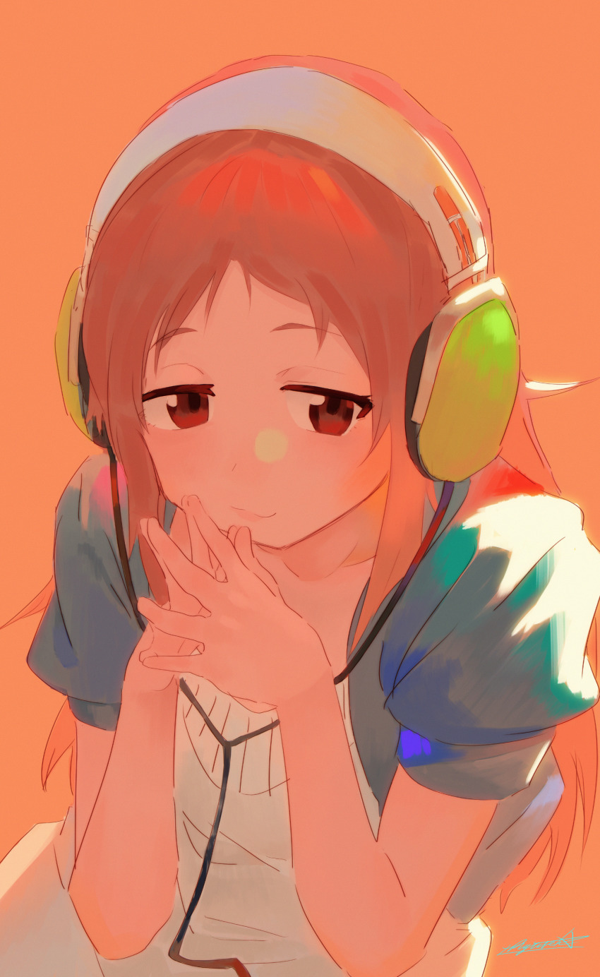 1girl absurdres blue_jacket closed_mouth dress hands_up headphones highres jacket looking_at_viewer miyamoto_konatsu open_clothes open_jacket orange_background orange_hair own_hands_together puffy_short_sleeves puffy_sleeves red_eyes ryusei_hashida short_sleeves signature simple_background smile solo steepled_fingers tari_tari upper_body white_dress