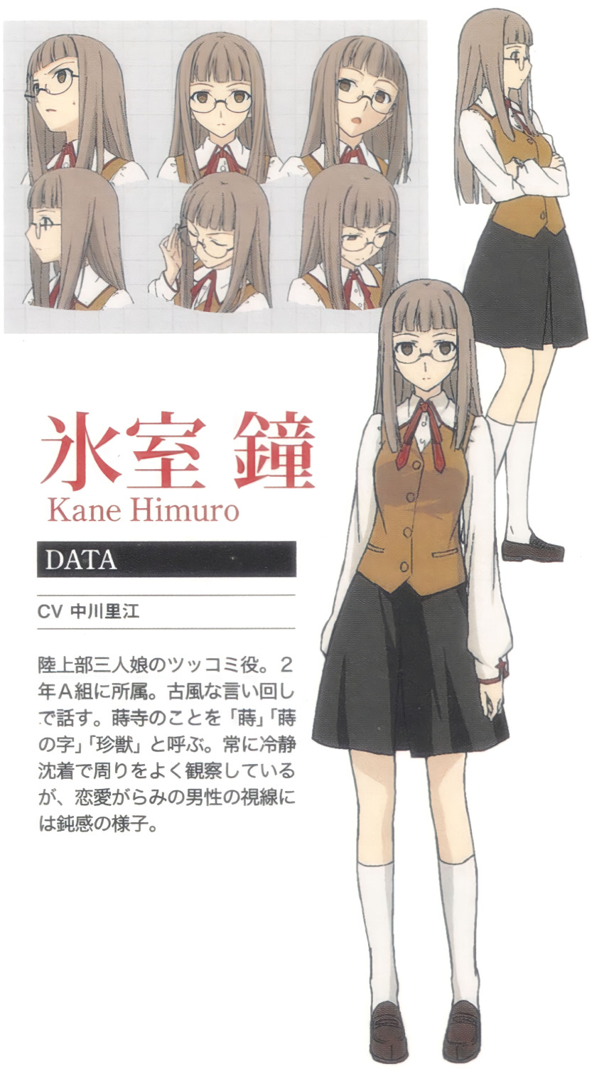 1girl absurdres breasts brown_eyes character_sheet fate/stay_night fate_(series) glasses grey_hair highres himuro_kane homurabara_academy_school_uniform large_breasts long_hair looking_at_viewer looking_down non-web_source official_art open_mouth round_eyewear school_uniform takeuchi_takashi white_background