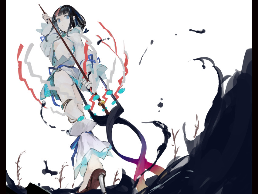 1girl ass bare_shoulders black_hair blue_eyes blue_ribbon breasts closed_mouth dress fate/grand_order fate/requiem fate_(series) fundoshi highres holding holding_polearm holding_spear holding_weapon japanese_clothes jewelry large_breasts legs long_sleeves looking_at_viewer looking_back magatama magatama_hair_ornament medium_hair multicolored_hair necklace pelvic_curtain pink_hair polearm puffy_long_sleeves puffy_sleeves ribbon sandals seigaiha short_dress sideboob sideless_outfit simple_background spear standing standing_on_liquid streaked_hair two-sided_fabric two-sided_skirt utsumi_erice water weapon white_background white_dress white_legwear yorurokujuu