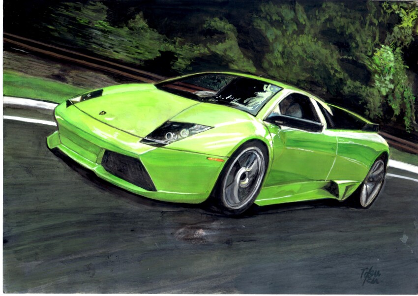 absurdres artist_name car green_car highres lamborghini lamborghini_murcielago motion_blur motor_vehicle original shadow sports_car takutakubouya tree vehicle_focus