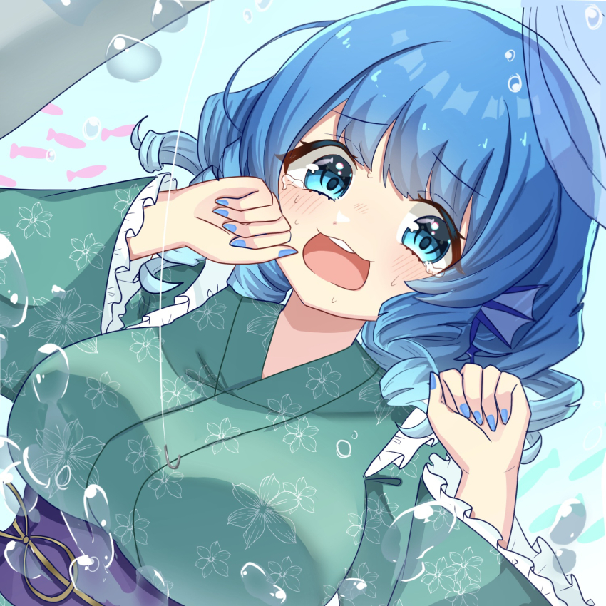 1girl blue_eyes blue_hair blue_nails blush drill_hair fins fishing_hook fishing_line green_kimono head_fins highres japanese_clothes kimono long_sleeves mermaid monster_girl nail_polish obi open_mouth ozawasan0930 sash short_hair solo tears touhou underwater wakasagihime