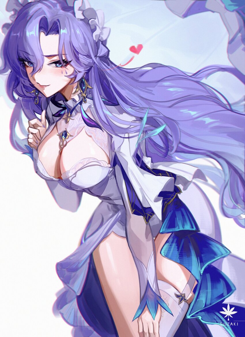 1girl absurdres artist_logo blue_eyes breasts cantarella_(wuthering_waves) cleavage closed_mouth commentary cowboy_shot dress earrings english_commentary hair_between_eyes headdress heart highres jewelry large_breasts leaning_forward logo long_hair looking_at_viewer parasol purple_hair smile solo steve_zheng umbrella very_long_hair white_dress wuthering_waves