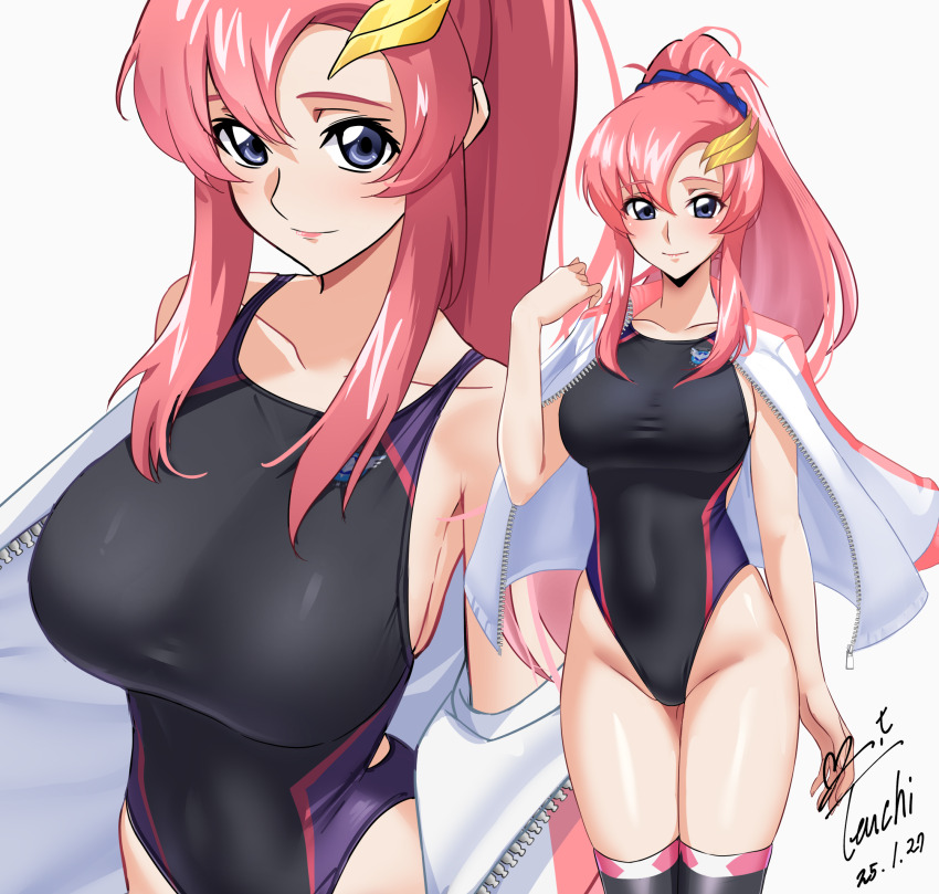 1girl alternate_costume blue_eyes breasts commission competition_swimsuit dated gundam gundam_seed gundam_seed_freedom hair_ornament highres jacket lacus_clyne large_breasts long_hair looking_at_viewer one-piece_swimsuit open_clothes open_jacket pink_hair pixiv_commission ponytail shiny_skin smile solo swimsuit thighhighs thighs yoo_tenchi zoom_layer