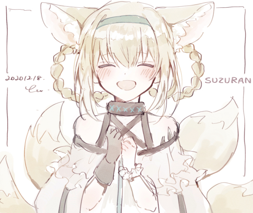 1girl animal_ears arknights bare_shoulders black_collar black_gloves blonde_hair blush braid character_name closed_eyes collar dated dress facing_viewer figmnts fox_ears fox_girl fox_tail gloves green_hairband hair_between_eyes hairband happy highres infection_monitor_(arknights) material_growth multiple_tails open_mouth oripathy_lesion_(arknights) own_hands_together signature simple_background single_glove sketch solo suzuran_(arknights) tail white_background white_dress