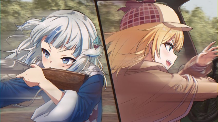 2girls a_way_out aiming blonde_hair blue_eyes blue_hair blue_hoodie blush brown_coat brown_headwear car_interior coat commentary driving english_commentary from_side gawr_gura gawr_gura_(1st_costume) gun hair_between_eyes hair_ornament hat holding holding_gun holding_weapon hololive hololive_english hood hoodie medium_hair mixed-language_commentary motion_blur multicolored_hair multiple_girls open_mouth parody plaid_clothes plaid_headwear profile shark_hair_ornament short_hair short_twintails shotgun sideways_mouth silver_hair smile steering_wheel streaked_hair twintails two-tone_hair upper_body virtual_youtuber watson_amelia watson_amelia_(1st_costume) weapon weizen