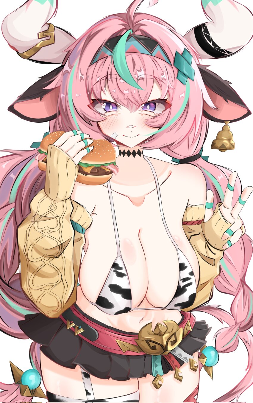 1girl absurdres animal_print bikini breasts cow_print cow_print_bikini genshin_impact highres large_breasts pink_hair print_bikini solo swimsuit thick_thighs thighs varesa_(genshin_impact) waichoart