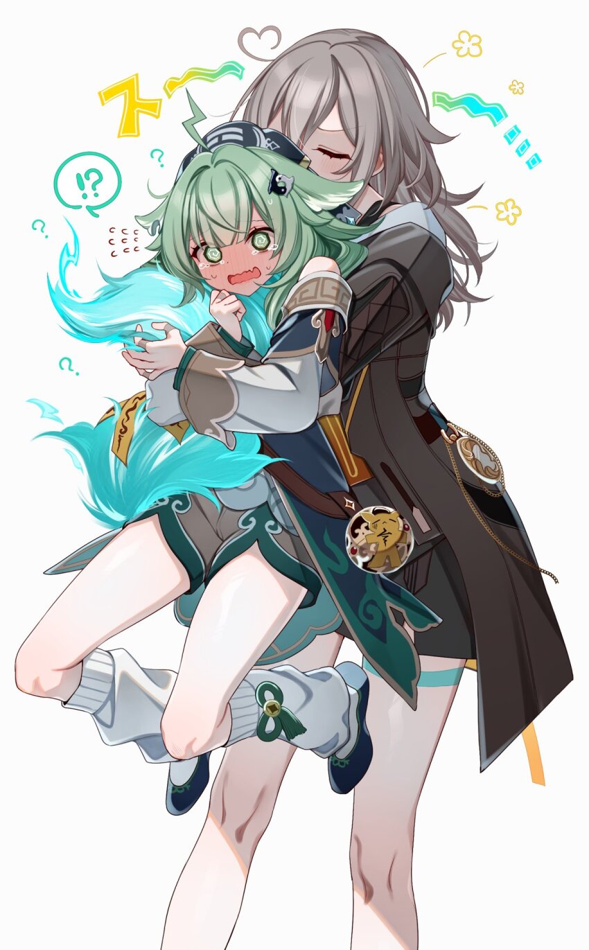 !? 2girls @_@ ahoge animal_ears black_jacket blush closed_eyes fang female_pervert fiery_tail flying_sweatdrops fox_ears fox_girl full-face_blush green_eyes green_hair grey_hair highres holding_own_tail honkai:_star_rail honkai_(series) hug hug_from_behind huohuo_(honkai:_star_rail) jacket lifting_person lightning_ahoge long_hair long_sleeves loose_socks multiple_girls open_mouth pervert shoes short_shorts shorts simple_background skin_fang smelling socks spoken_interrobang stelle_(honkai:_star_rail) sweatdrop tail trailblazer_(honkai:_star_rail) white_background white_socks yodare_(3yami8)