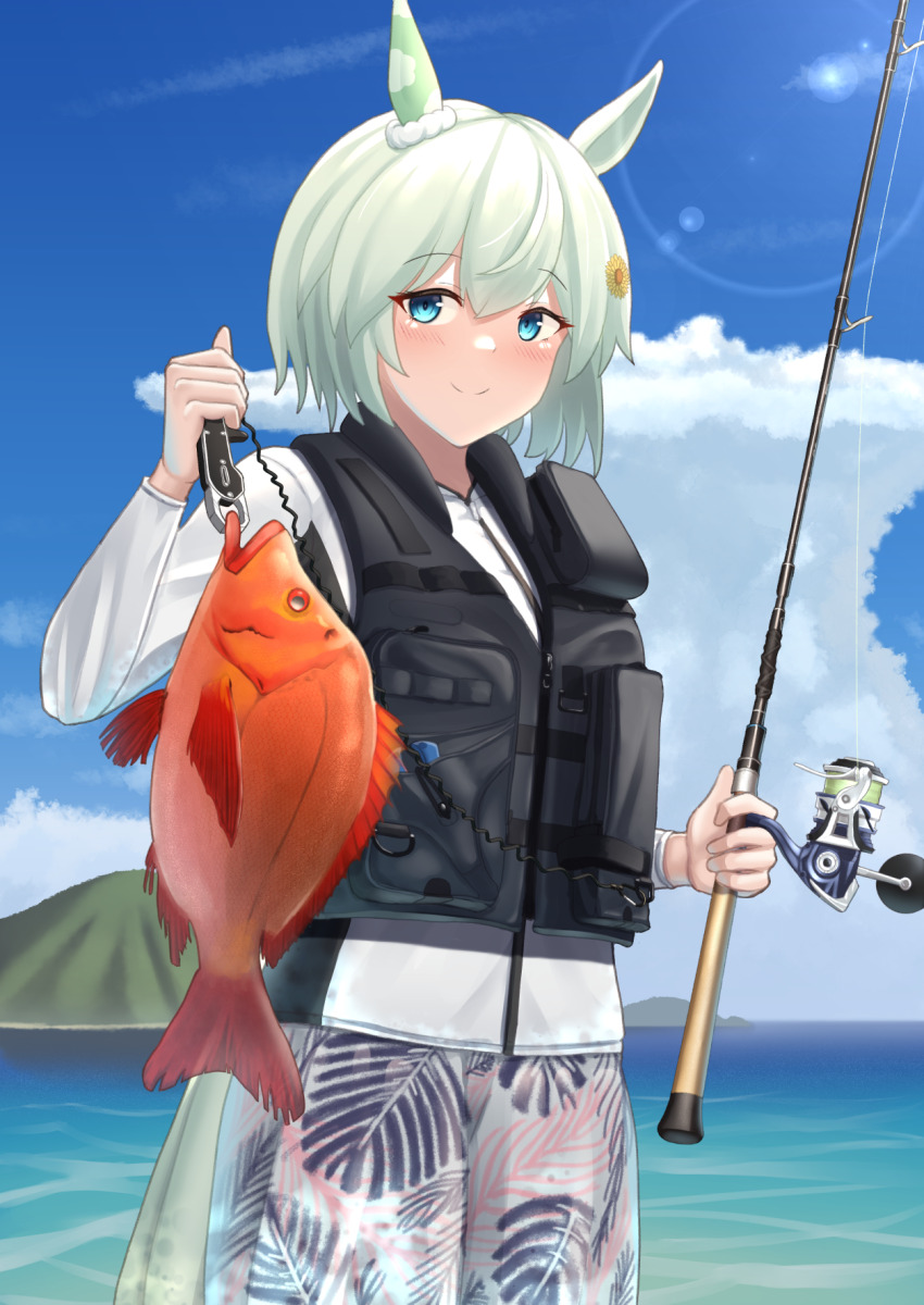 1girl alternate_costume animal animal_ears bakkasu150 blue_eyes blue_hair blue_sky closed_mouth cloud cloudy_sky commentary_request cowboy_shot ear_covers fish fishing fishing_rod hair_ornament hairclip highres holding holding_animal holding_fish holding_fishing_rod horse_ears horse_girl horse_tail lens_flare life_vest long_sleeves looking_at_viewer outdoors seiun_sky_(umamusume) shirt short_hair single_ear_cover sky smile solo tail umamusume white_shirt