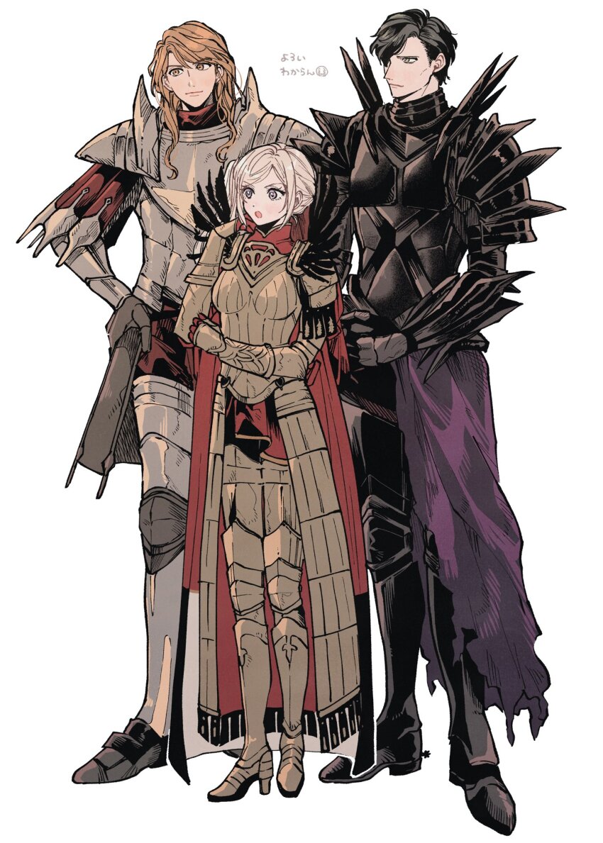 1girl 2boys armor armored_boots black_armor black_feathers black_hair boots closed_mouth commentary edelgard_von_hresvelg feathers ferdinand_von_aegir fire_emblem fire_emblem:_three_houses friends from_side full_armor gold_armor hair_between_eyes hand_on_own_hip highres hubert_von_vestra light_blush light_smile multiple_boys nintendo open_mouth orange_eyes orange_hair ponytail purple_eyes rn_(kicakabe) short_hair shoulder_armor side_ponytail simple_background standing swept_bangs symbol-only_commentary white_background white_hair