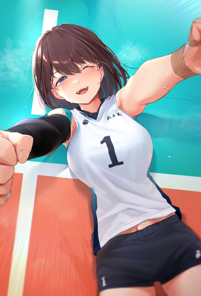 1girl black_shorts blue_eyes brown_hair highres looking_at_viewer lying on_back on_floor one_eye_closed open_mouth original short_hair shorts smile solo sportswear teeth upper_teeth_only vegetablenabe volleyball_uniform