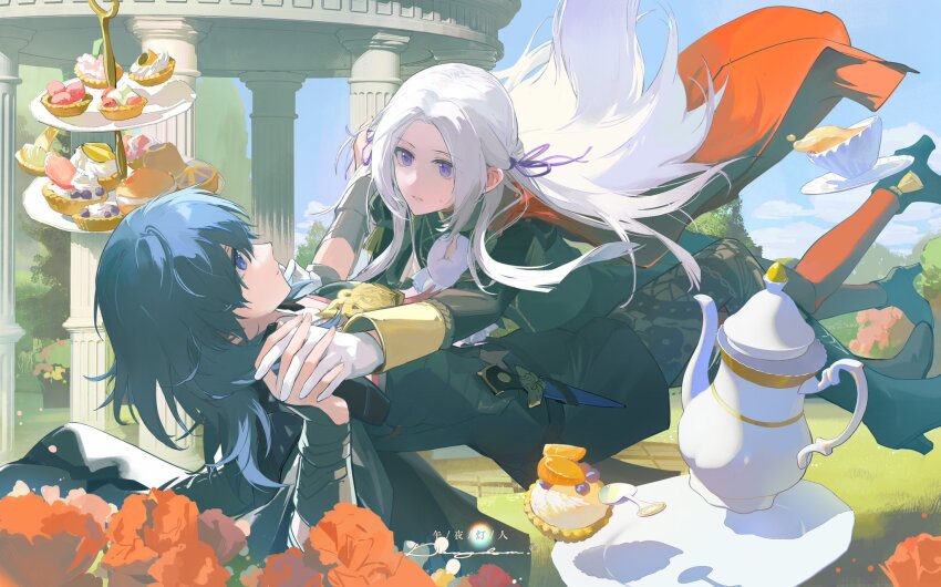 2girls amphitheater artuvia blue_eyes blue_hair blue_sky byleth_(female)_(fire_emblem) byleth_(fire_emblem) cape cloud column cup day dessert edelgard_von_hresvelg eye_contact falling fire_emblem fire_emblem:_three_houses flower food gloves grass highres holding_hands interlocked_fingers long_hair looking_at_another multiple_girls nintendo outdoors pillar plate purple_eyes shoes sky spoon tea teacup teapot white_hair yuri