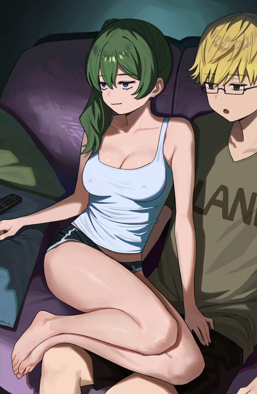 1boy 1girl bare_legs barefoot black_shorts blonde_hair breasts cleavage commentary_request controller couch covered_erect_nipples dolphin_shorts fatzhai feet glasses green_hair hand_on_another&#039;s_crotch hetero highres indoors land_(sousou_no_frieren) large_breasts legs long_hair on_couch purple_eyes remote_control short_hair shorts side_ponytail smile sousou_no_frieren tank_top toes ubel_(sousou_no_frieren) watching_television white_tank_top