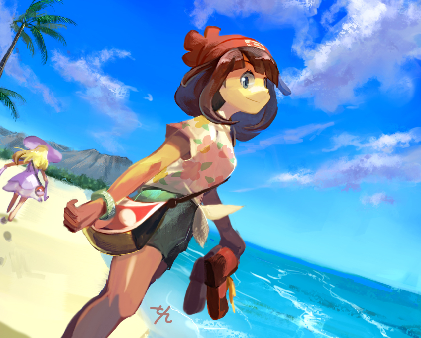 2girls bag barefoot beach black_hair blue_sky cloud creatures_(company) day dress feet_out_of_frame floral_print_shirt game_freak green_shorts grey_eyes highres holding holding_shoes ichiichi_(nanno_koreshiki) lillie_(pokemon) multiple_girls nintendo outdoors pokemon pokemon_sm selene_(pokemon) shoes shore short_hair short_sleeves shorts signature sky smile summer white_dress