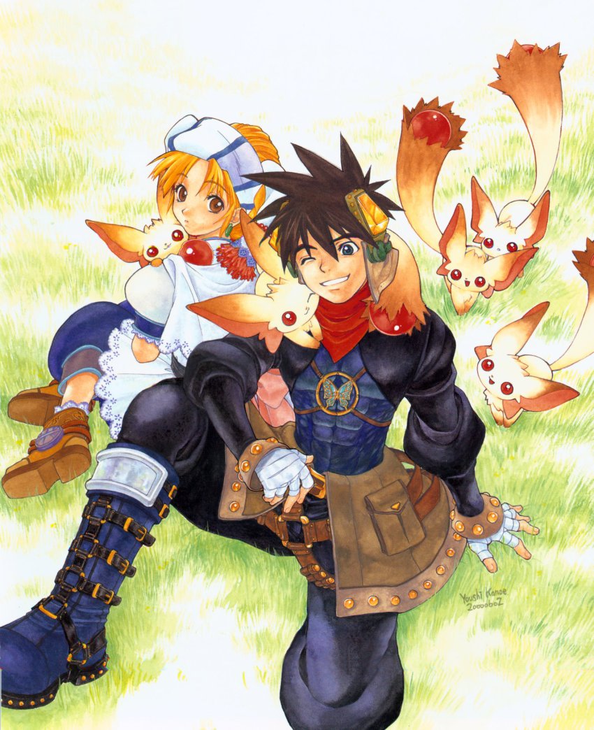 1boy 1girl abs bandages black_eyes black_hair blonde_hair blue_footwear boots brown_eyes brown_hair bug butterfly carro creature cuddling dated earrings elena_(grandia) game_arts grandia grandia_ii grass hair_ornament headscarf highres bug jewelry kanoe_youshi knee_boots looking_back official_art one_eye_closed ryudo_(grandia) scan signature sitting smile traditional_media wink