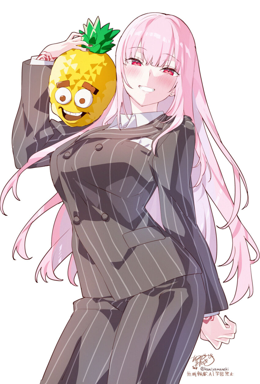 1girl absurdres arms_behind_back black_nails blush breasts cowboy_shot food fruit highres hololive hololive_english kamiya_maneki large_breasts long_hair mask mori_calliope pants pineapple pink_hair pinstripe_jacket pinstripe_pants pinstripe_pattern red_eyes shirt simple_background smile solo unworn_mask virtual_youtuber white_background white_shirt wrist_tattoo