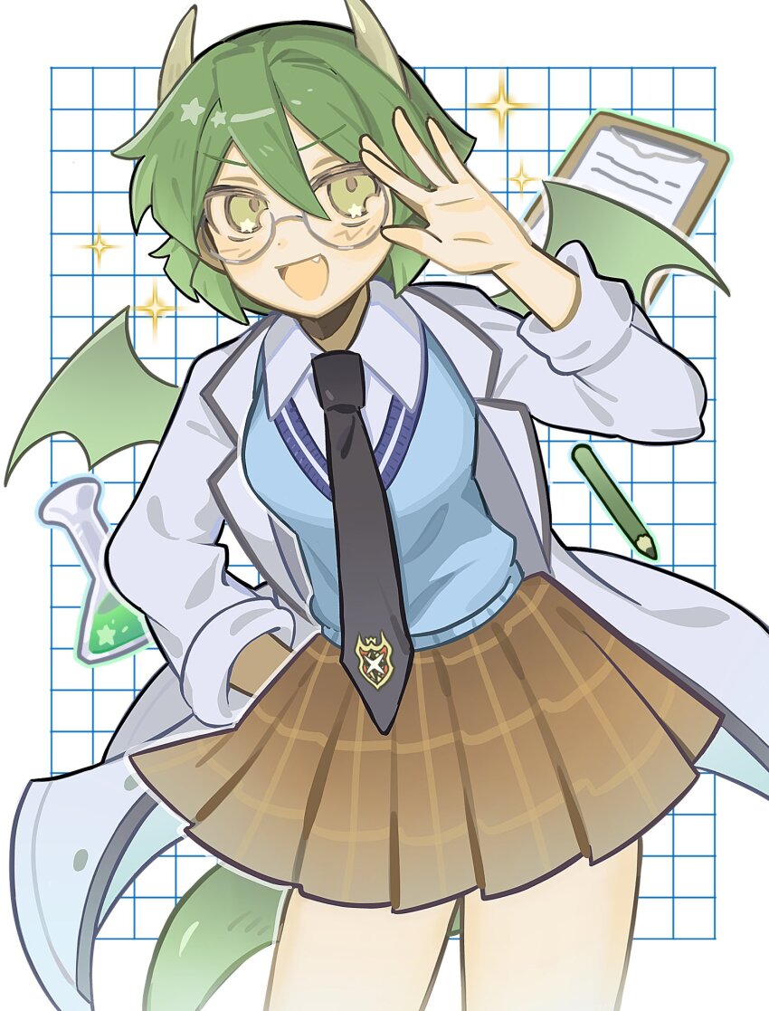 1girl adjusting_eyewear black_necktie blue_vest blush brown_skirt checkered_clothes checkered_skirt clipboard draco_centauros dragon_girl dragon_horns dragon_tail dragon_wings dress_shirt erlenmeyer_flask fang flask green_eyes green_hair grid_background hair_between_eyes highres horns jsjefff lab_coat leaning_to_the_side looking_at_viewer madou_monogatari necktie open_mouth pencil pleated_skirt pointy_ears puyopuyo puyopuyo_quest semi-rimless_eyewear shirt short_hair skirt sleeves_rolled_up smile solo sparkle tail v-shaped_eyebrows vest white_background white_shirt wings