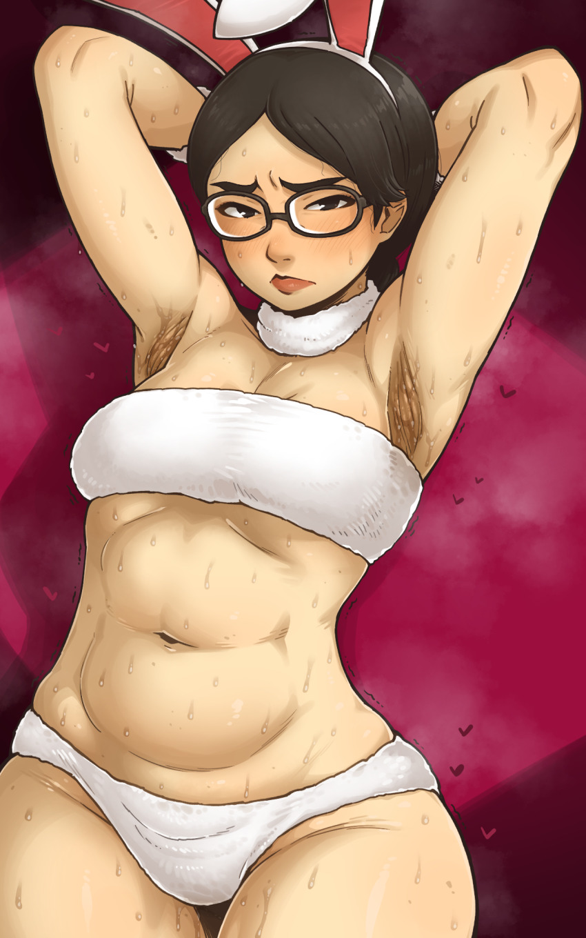 1girl armpits arms_behind_head atlus black_hair blush choker crop_top glasses heart highres ms._usami persona persona_5 rabbit_ears shy steaming_body thigh_gap tobato_the_dog tobatoinu underwear wristband