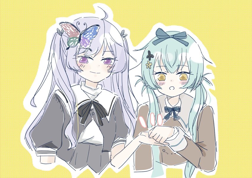 2girls ahoge aqua_hair arm_at_side assault_lily black_bow black_bowtie black_flower black_ribbon blush bow bowtie braid brown_jacket butterfly_hair_ornament closed_mouth commentary_request cropped_jacket cropped_torso flower fumi_(fumifumi3axl) grey_hair hair_bow hair_flower hair_ornament hand_on_hand hand_up highres imagawa_homare jacket long_hair long_sleeves looking_at_viewer low_twintails multiple_girls neck_ribbon notice_lines outline parted_lips polka_dot_bag puffy_short_sleeves puffy_sleeves purple_eyes ribbon school_uniform short_sleeves smile twintails two_side_up ueda_imari underbust upper_body white_outline yellow_background yellow_eyes yellow_flower yurigaoka_girls_academy_school_uniform