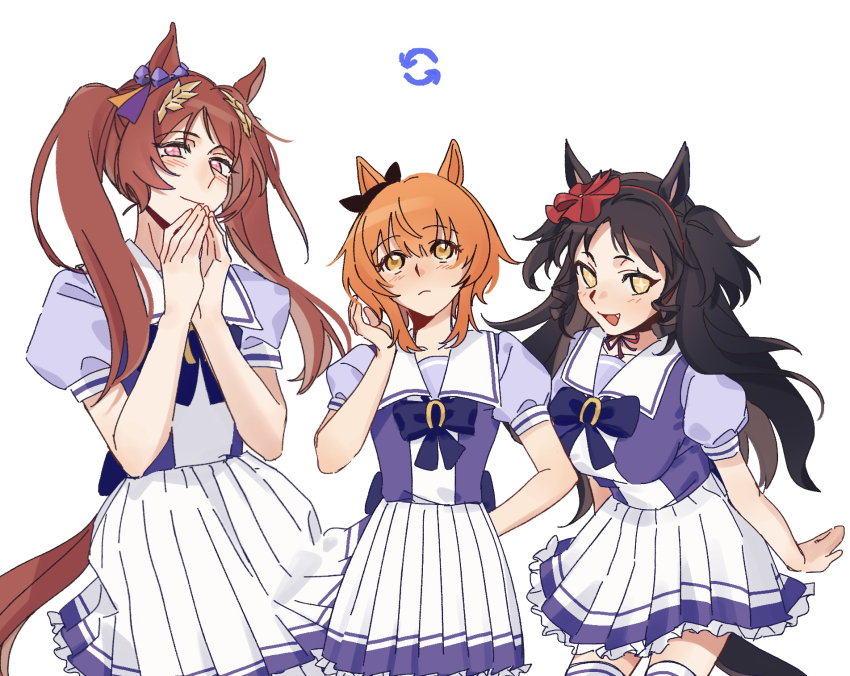 +_+ 3girls alternate_hairstyle animal_ears arm_behind_back arrow_(symbol) black_hair blush bow breasts closed_mouth cowboy_shot ear_bow fang flat_chest group_hairstyle_switch hair_ornament hairband hairstyle_switch highres horse_ears horse_girl horse_tail long_hair looking_at_viewer looking_up marvelous_sunday_(umamusume) mayano_top_gun_(umamusume) medium_breasts multiple_girls open_mouth orange_eyes own_hands_together pink_eyes pleated_skirt puffy_short_sleeves puffy_sleeves purple_shirt sakura_laurel_(umamusume) school_uniform shirt short_hair short_sleeves simple_background skirt smile tail tracen_school_uniform tsukiinu_(1174943116) twintails two_side_up umamusume white_background white_skirt yellow_eyes