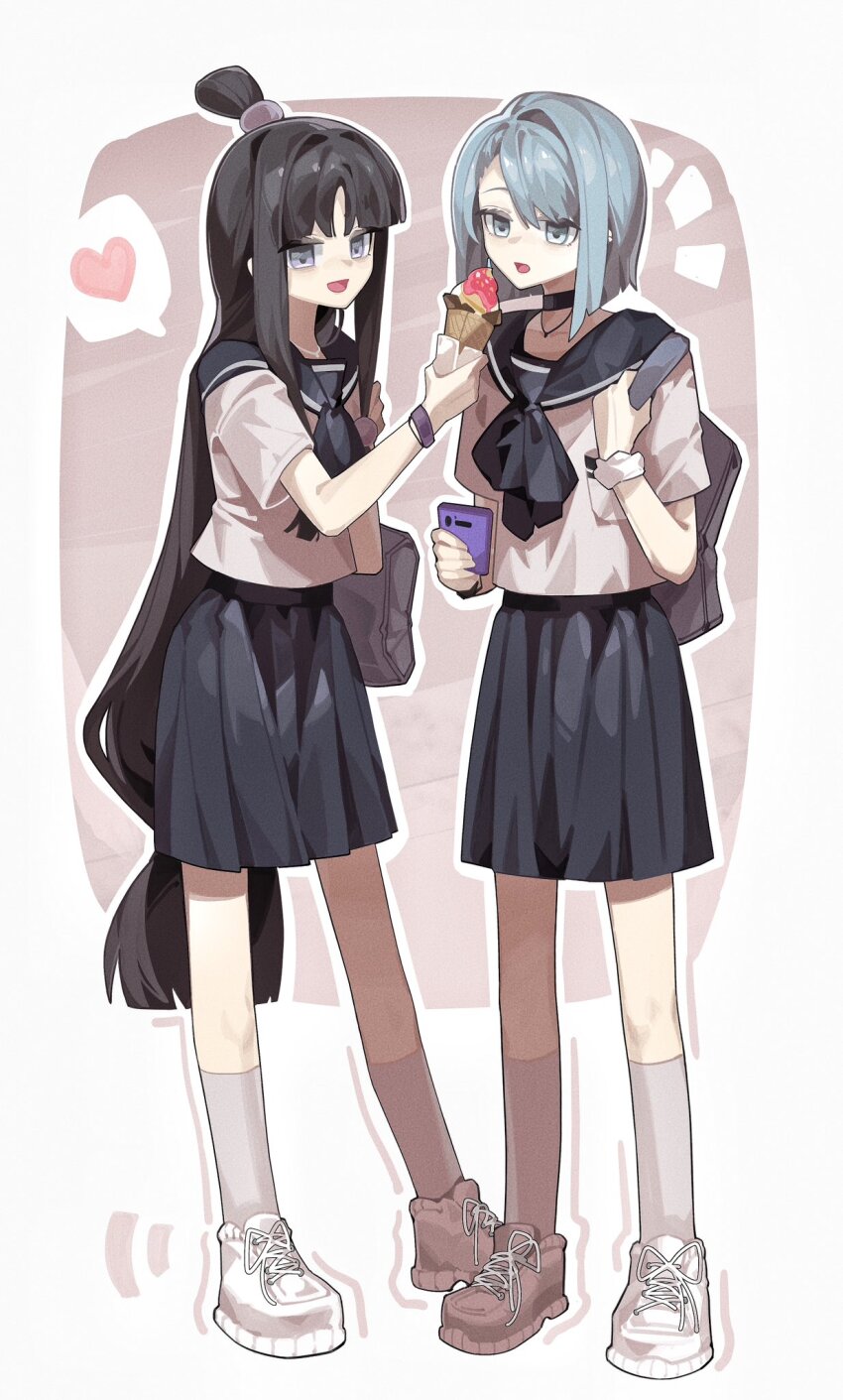 2girls ace_attorney ascot backpack bad_id bad_twitter_id bag black_ascot black_choker black_hair black_sailor_collar black_skirt blue_eyes blue_hair brown_background cellphone choker commentary film_grain food franziska_von_karma haobuguniao heart highres holding holding_food holding_ice_cream holding_phone ice_cream ice_cream_cone jewelry long_hair looking_at_viewer maya_fey medium_hair multicolored_background multiple_girls muted_color necklace notice_lines open_mouth phone pleated_skirt purple_eyes sailor_collar school_uniform serafuku shirt shoes short_sleeves shoulder_bag skirt smartphone socks spoken_heart topknot very_long_hair white_background white_footwear white_shirt white_socks