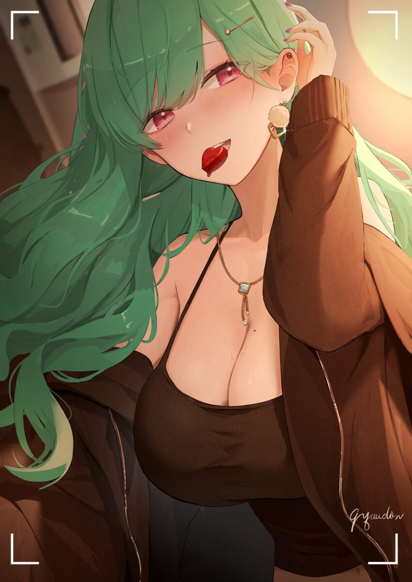 1girl absurdres artist_name bare_shoulders black_camisole blush breasts brown_jacket camisole candy chocolate chocolate_heart cleavage ear_blush ear_piercing earrings food girl_on_top green_hair gyudon_uma hair_behind_ear hair_ornament hairclip heart heart-shaped_food highres jacket jewelry large_breasts long_hair long_sleeves looking_at_viewer mole mole_on_breast mouth_hold navel necklace nose_blush off_shoulder open_clothes open_jacket piercing pov purple_eyes purple_nails solo sweat swept_bangs tucking_hair virtual_youtuber vspo! yakumo_beni zipper