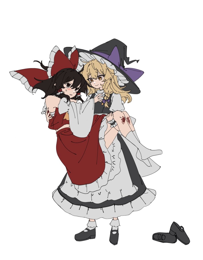 2girls ahoge apron ascot asymmetrical_hair black_dress black_eyes black_hair black_hat black_shoes blonde_hair blush bow braid breasts carrying chest_sarashi closed_mouth commentary cropped_shirt detached_sleeves double-parted_bangs dress frilled_bow frilled_hair_tubes frilled_hat frilled_skirt frilled_socks frilled_wrist_cuffs frills full_body hair_between_eyes hair_bow hair_tubes hakurei_reimu hat hat_bow highres hua88331 injury kirisame_marisa large_bow looking_at_another mary_janes medium_hair midriff multiple_girls navel no_shoes nontraditional_miko parted_lips princess_carry puffy_short_sleeves puffy_sleeves purple_bow red_bow red_shirt red_skirt sarashi scraped_knee shirt shoes short_sleeves side_braid sidelocks simple_background single_braid skirt small_breasts smile socks standing sweatdrop touhou turtleneck unworn_shoes waist_apron white_apron white_background white_shirt white_socks wide_sleeves witch_hat wrist_cuffs yellow_ascot yellow_eyes