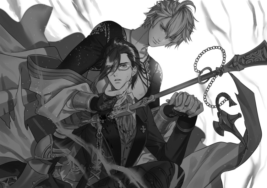 ahoge aladdin_(sinoalice) arabian_clothes armor asymmetrical_bangs aura bad_tag blood blood_on_clothes blood_on_face bridal_gauntlets butler commission cropped_jacket formal_clothes glasses gloves hair_between_eyes hair_slicked_back hameln_(sinoalice) holding_hands implied_yaoi jewelry looking_at_another looking_at_viewer magehikari monochrome necklace oil_lamp parted_lips ring second-party_source shoulder_armor sinoalice sitting smile stab surprised