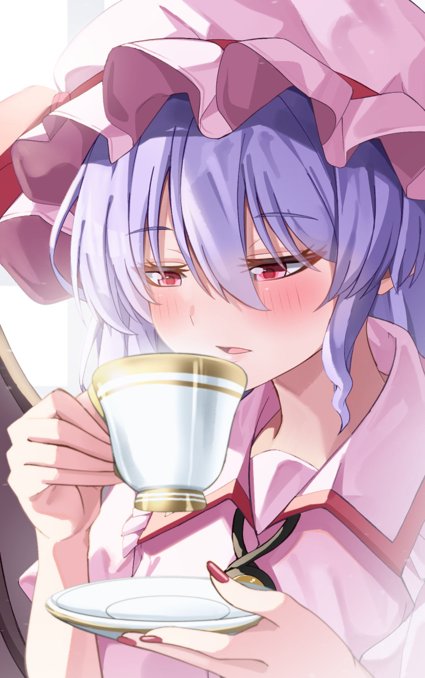 1girl bat_wings blue_hair blush bow brooch collared_shirt commentary_request cup eyelashes hair_between_eyes half-closed_eyes hat hat_bow highres holding holding_cup holding_plate jewelry mahoro_(minase_mahoro) mob_cap nail_polish parted_lips pink_hat pink_shirt plate puffy_short_sleeves puffy_sleeves red_bow red_eyes red_nails remilia_scarlet shirt short_hair short_sleeves solo teacup touhou upper_body wings