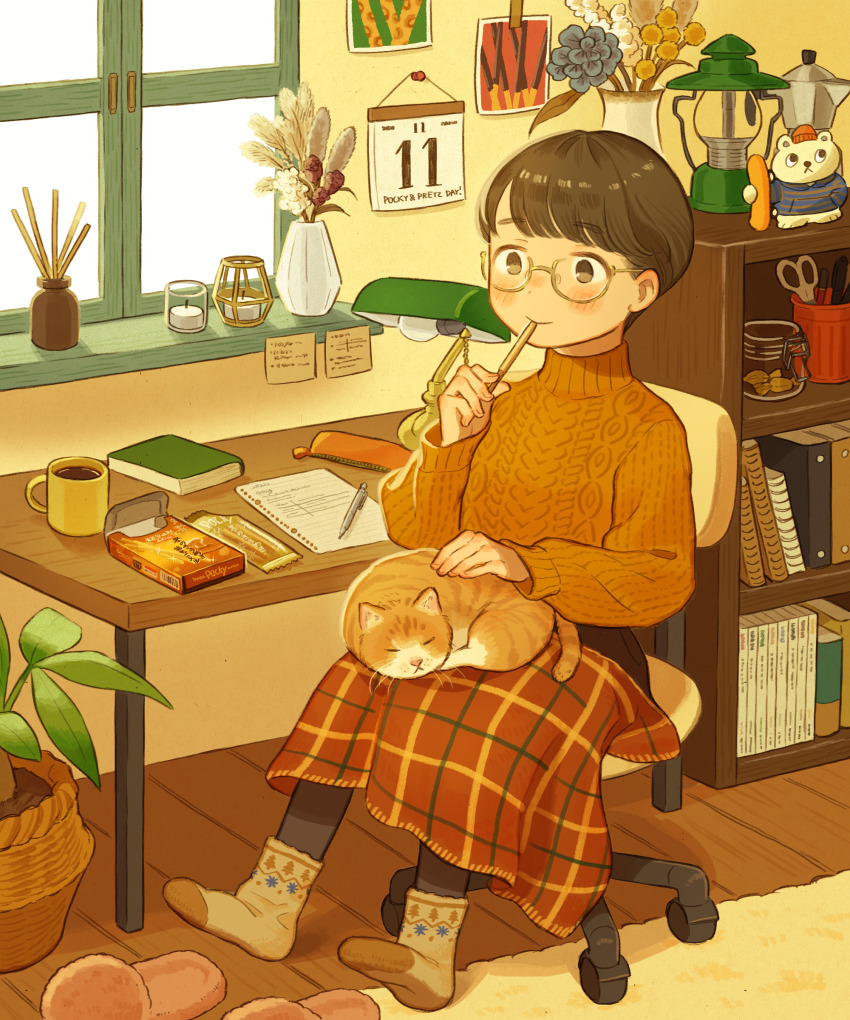 1girl absurdres animal animal_on_lap aran_sweater black_hair blanket blush brown_eyes cable_knit calendar_(object) candle cat cat_on_lap chair cup desk desk_lamp eating food glasses highres holding holding_food lamp lantern moka_pot mug office_chair on_lap orange_sweater original paper petting plant pocky pocky_day potted_plant rug shelf short_hair sitting slippers socks solo sticky_note sumika_inagaki sweater swivel_chair unworn_footwear vase window wooden_floor