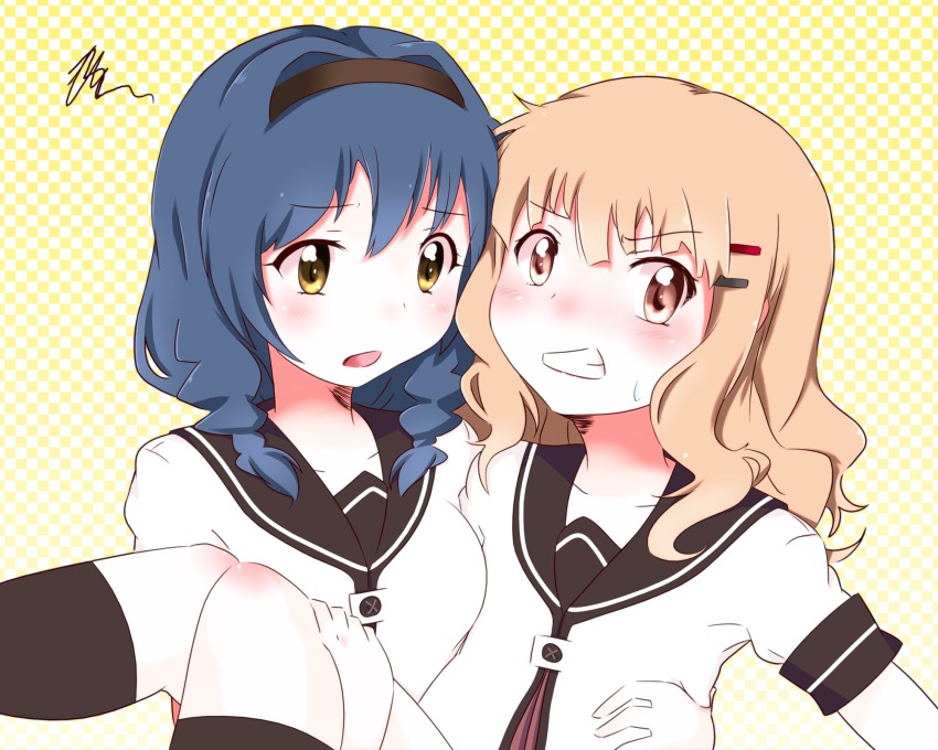 2girls angry bad_id bad_pixiv_id black_legwear blonde_hair blue_hair braid brown_eyes carrying clenched_teeth collarbone fume furutani_himawari hair_intakes hair_ornament hairband hairclip highres miyanokawa_shuu multiple_girls oomuro_sakurako open_mouth princess_carry school_uniform scowl serafuku snarl sweatdrop teeth twin_braids yellow_eyes yuru_yuri