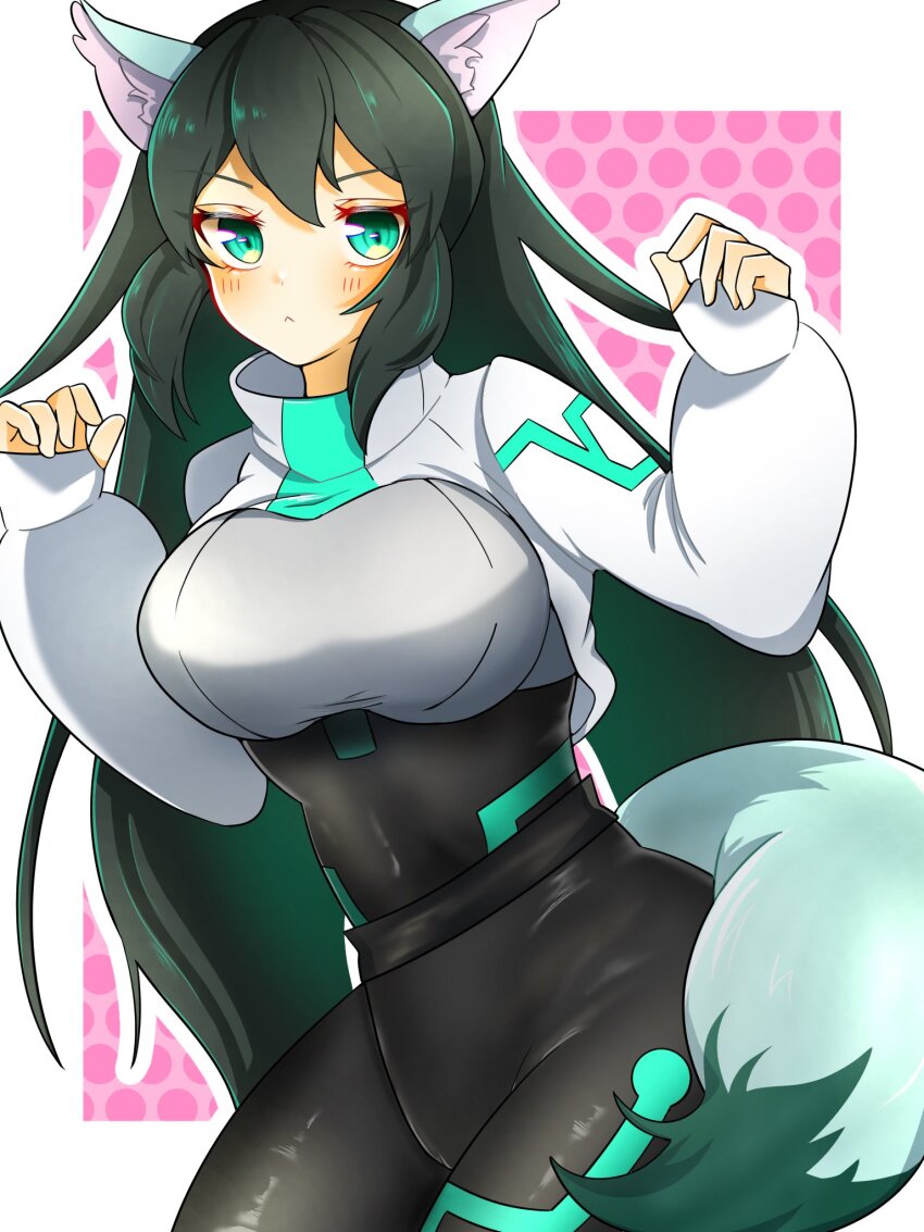 1girl animal_ear_fluff animal_ears belt black_belt black_bodysuit black_hair blush bodysuit border breasts colored_inner_hair covered_navel fox_ears fox_tail fusion green_eyes green_hair gundam gundam_build_divers gundam_build_divers_re:rise highres juice_(jule_tyaojule) kemonomimi_mode large_breasts long_hair long_sleeves may_(gundam_build_divers_re:rise) multicolored_hair parviz_(gundam_build_divers_re:rise) shrug_(clothing) sleeves_past_wrists solo tail very_long_hair white_border white_shrug