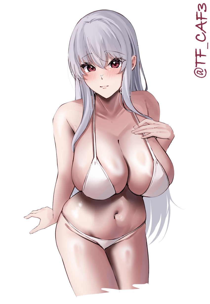 1girl absurdres bikini breasts cleavage closed_mouth commentary_request grey_hair hair_between_eyes hand_on_own_chest highres kantai_collection large_breasts long_hair looking_at_viewer navel one-hour_drawing_challenge one_eye_closed red_eyes shoukaku_(kancolle) simple_background sitting smile solo stomach swimsuit tf_cafe twitter_username very_long_hair white_background white_bikini