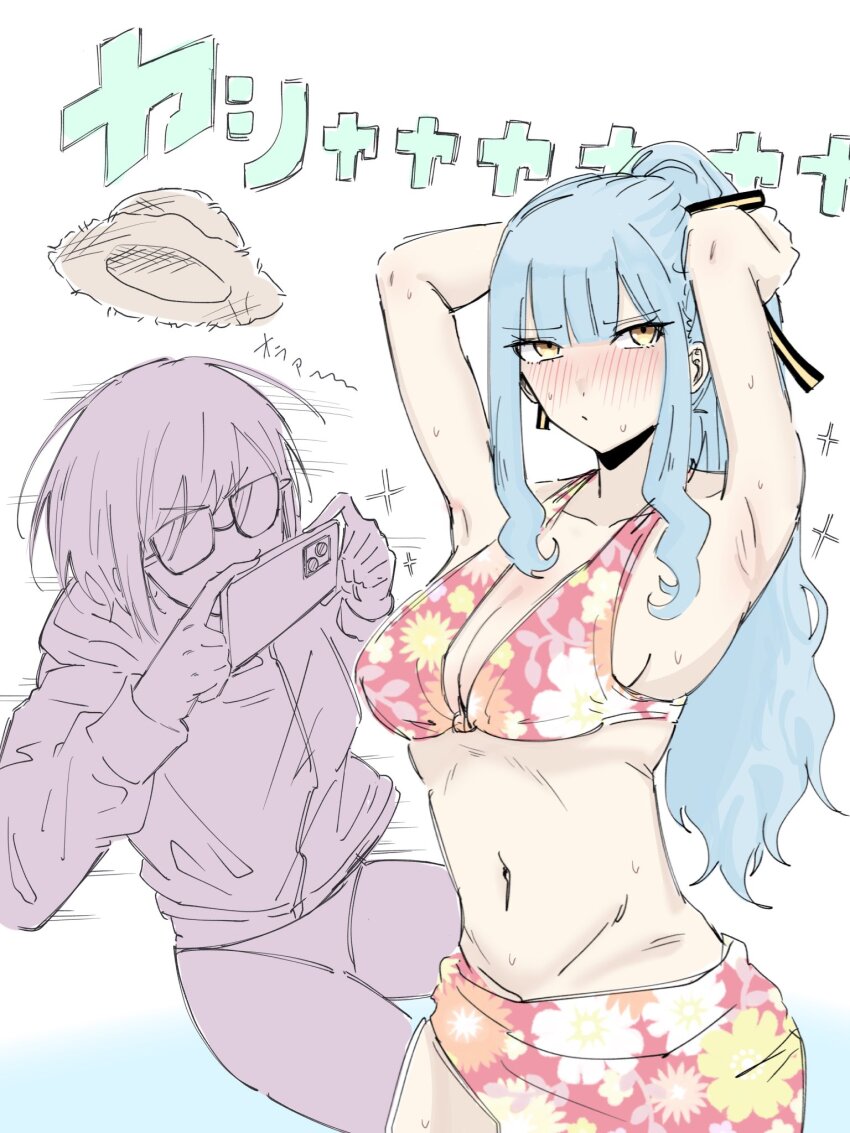 arms_up bad_tag bang_dream! bang_dream!_it&#039;s_mygo!!!!! bikini blue_hair blush breasts cellphone closed_mouth glasses hair_ribbon hat highres holding holding_phone hood hood_down hooded_jacket jacket large_breasts long_hair long_sleeves nagomu_7_56 navel phone ponytail ribbon short_hair smartphone stomach straw_hat sweat swimsuit togawa_sakiko yellow_eyes yuutenji_nyamu