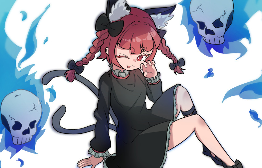 1girl 910_(user_wkak4787) :p absurdres animal_ear_fluff animal_ears balck_bow black_bow black_footwear black_ribbon bow cat_ears cat_girl cat_tail commentary extra_ears full_body hair_bow highres hitodama kaenbyou_rin leg_ribbon long_sleeves medium_hair multiple_tails one_eye_closed red_eyes red_hair ribbon short_eyebrows simple_background skull solo tail tongue tongue_out touhou two_tails white_background