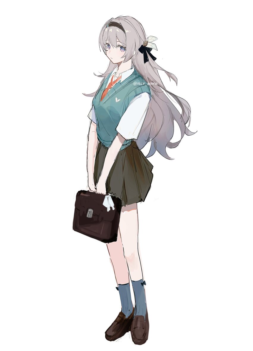 1girl absurdres bag bare_legs black_hairband black_ribbon black_skirt bright_pupils brown_footwear collared_shirt firefly_(honkai:_star_rail) full_body gradient_hair green_socks green_vest grey_hair hair_ribbon hairband highres holding holding_bag honkai:_star_rail honkai_(series) loafers looking_at_viewer multicolored_hair necktie nokoru_sora pleated_skirt purple_eyes red_necktie ribbon school_bag serious shirt shoes short_sleeves simple_background sketch skirt socks solo sweater_vest twitter_username vest white_background white_pupils white_shirt