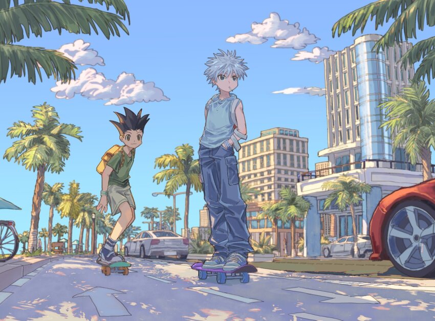 2boys backpack bag black_eyes black_hair blue_pants blue_shirt blue_sky building cat closed_mouth cloud day gon_freecss goodkids_1 green_shirt grey_hair grey_shorts hands_in_pockets hunter_x_hunter killua_zoldyck male_focus mouth_hold multiple_boys outdoors palm_tree pants road shirt shoes short_sleeves shorts skateboard skateboarding sky sleeveless spiked_hair tree