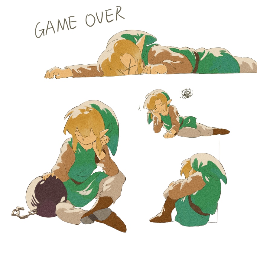 1boy absurdres belt black_belt boots bow_wow_(zelda) brown_hair game_over green_tunic hand_on_another&#039;s_head highres link lying multiple_views nintendo official_art on_stomach pointy_ears ricmoo3 simple_background squiggle the_legend_of_zelda the_legend_of_zelda:_link&#039;s_awakening tunic white_background x