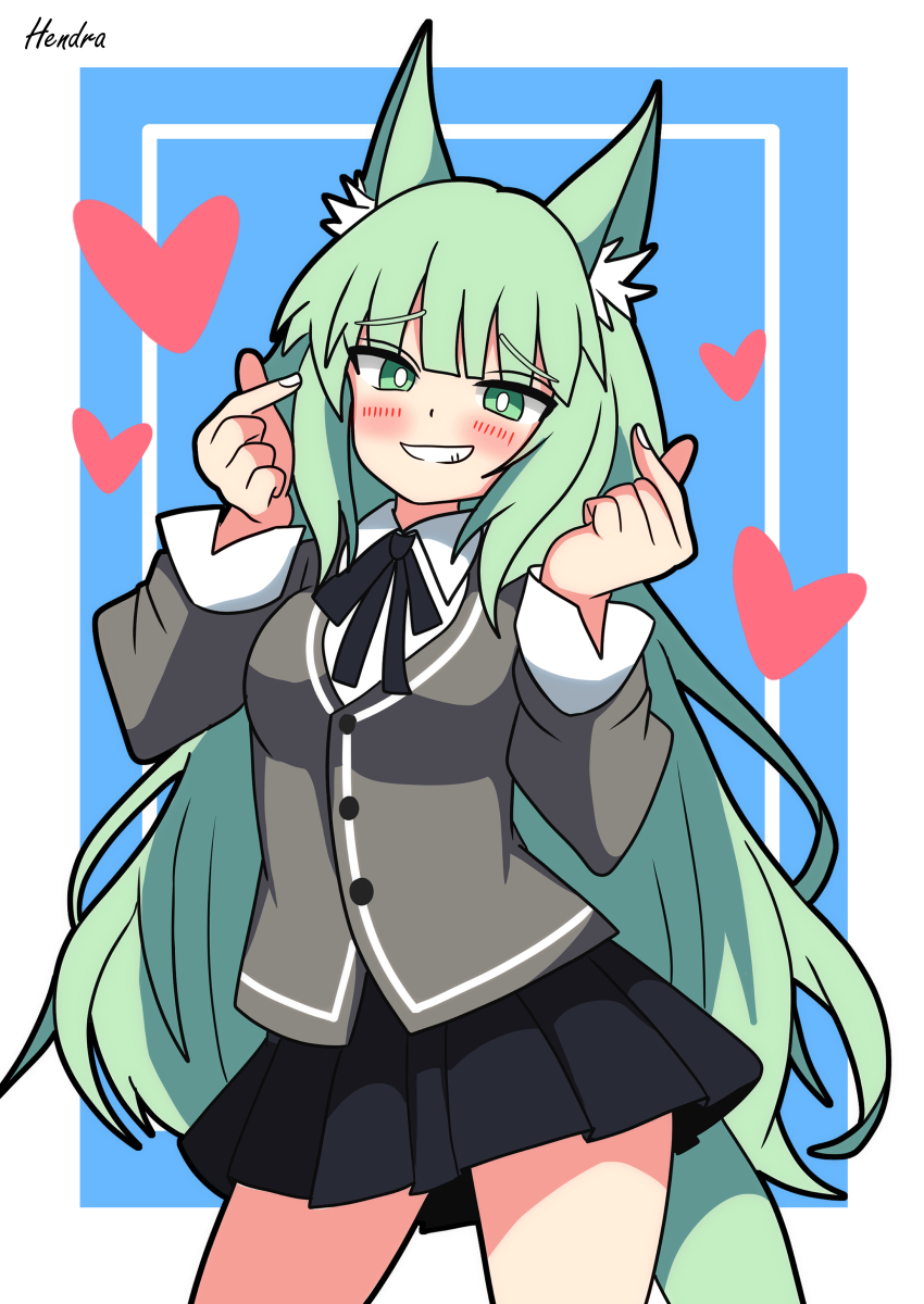 1girl absurdres animal_ear_fluff animal_ears arknights artist_name black_bow black_bowtie black_skirt blue_background blush border bow bowtie bright_pupils buttons cardigan cat_ears cat_girl cat_tail collared_shirt commentary_request cowboy_shot dot_nose double_finger_heart finger_heart green_eyes green_hair grey_cardigan grin harmonie_(arknights) heart hendra highres inset_border long_hair looking_at_viewer pleated_skirt shirt simple_background skirt smile solo tail white_background white_pupils white_shirt