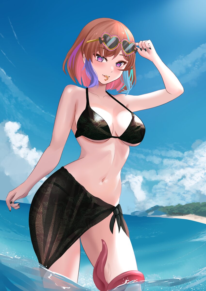 1girl absurdres adjusting_eyewear annie_princessu_(vtuber) arm_up beach bikini black_bikini black_nails black_skirt blue_hair blue_sky breasts brown_hair cloud collarbone day dot_nose eating estebaneishon1 eyebrows eyelashes feet_out_of_frame female_focus fingernails heart heart-shaped_pupils highres indie_virtual_youtuber large_breasts leg_grab light_blue_hair light_blush medium_hair multicolored_hair nail_polish naughty_face navel ocean outdoors parted_lips pink_hair purple_eyes purple_hair sand shrimp side-tie_skirt skirt sky solo standing sunglasses sunglasses_on_head swimsuit symbol-shaped_pupils teeth tentacles virtual_youtuber water yellow-framed_eyewear