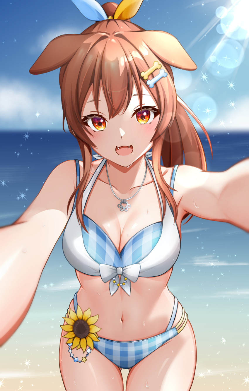 1girl :d alternate_costume alternate_hairstyle animal_ears beach bikini blue_bikini bone_hair_ornament breasts brown_eyes brown_hair cartoon_bone cleavage_cutout clothing_cutout commentary_request day dog_ears dog_girl fang flower gluteal_fold hair_ornament highres hololive inugami_korone jewelry kamineko_(kamineko9675) lens_flare long_hair looking_at_viewer medium_breasts navel necklace open_mouth outdoors paw_pendant ponytail reaching reaching_towards_viewer smile solo sunflower sweat swimsuit thigh_gap upper_body virtual_youtuber