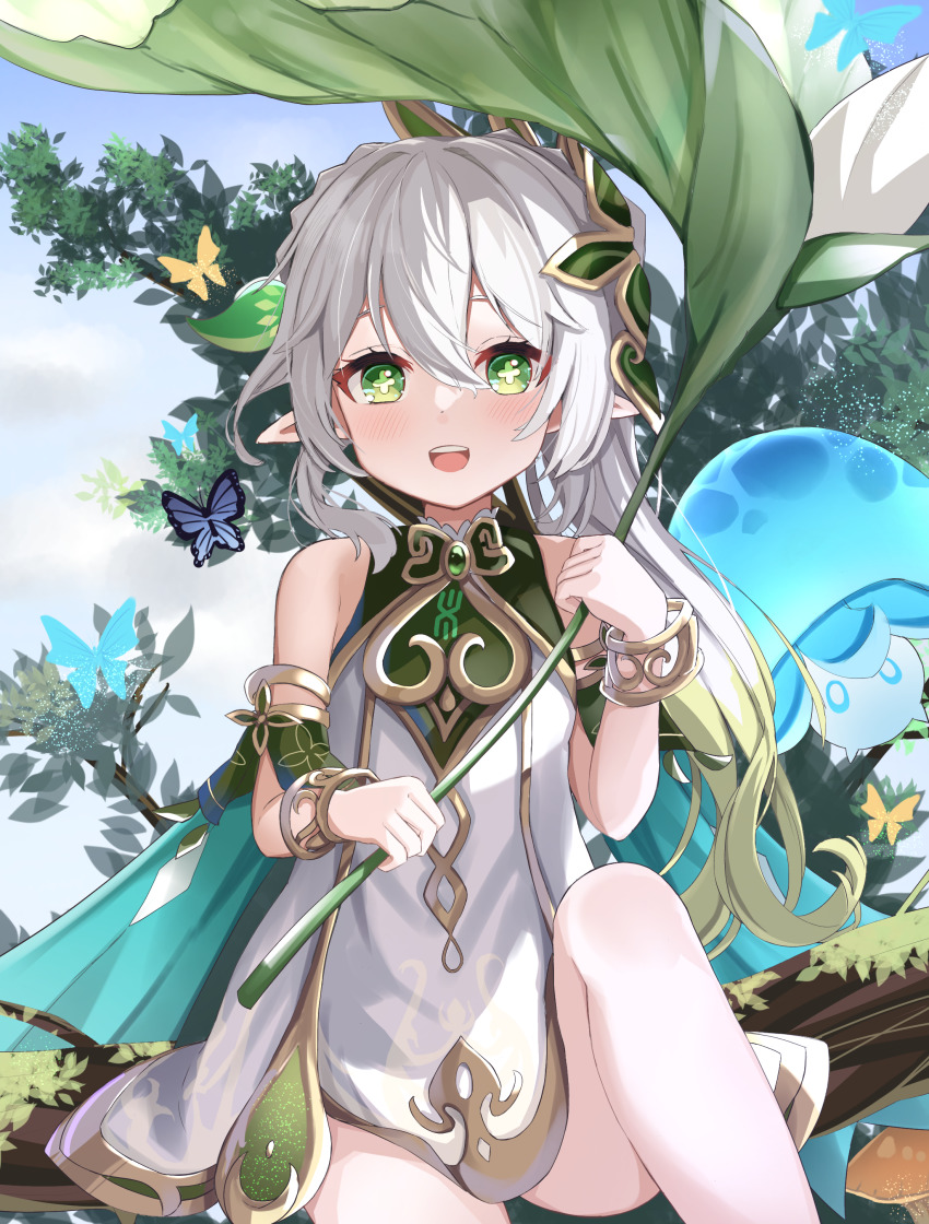 1girl :d absurdres bare_shoulders blush bracelet bug butterfly colored_tips cross-shaped_pupils dot_nose dress fungi_(genshin_impact) genshin_impact gradient_hair green_eyes hair_ornament highres holding holding_leaf in_tree insect jewelry knee_up leaf long_hair looking_at_viewer multicolored_hair nahida_(genshin_impact) nekopurin_(nyanko_prin) open_mouth outdoors pointy_ears short_dress sitting sitting_in_tree sleeveless sleeveless_dress smile solo symbol-shaped_pupils teeth thighs tree upper_teeth_only white_hair