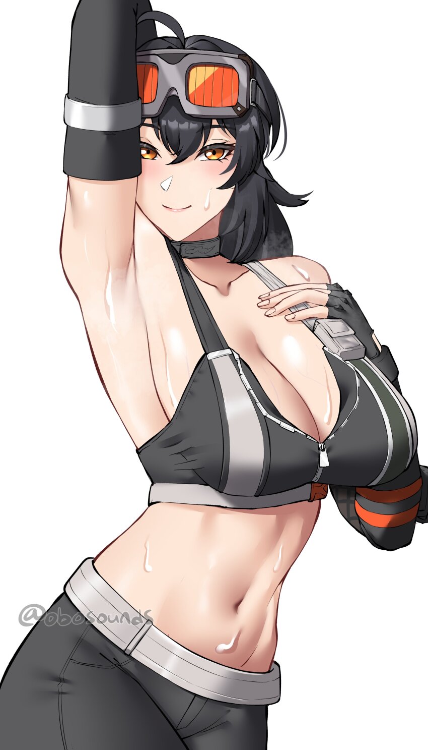 1girl absurdres ahoge arm_pouch arm_up armpits asymmetrical_gloves bare_shoulders belt black_hair black_pants black_sports_bra breasts choker cleavage closed_mouth commentary crop_top elbow_gloves fingerless_gloves gloves goggles goggles_on_head grace_howard grey_belt grey_choker hair_between_eyes hand_on_own_chest highres large_breasts long_hair looking_at_viewer mismatched_gloves navel obosounds orange_eyes pants smile solo sports_bra sweat toned toned_female twitter_username white_background zenless_zone_zero zipper zipper_pull_tab zipper_top