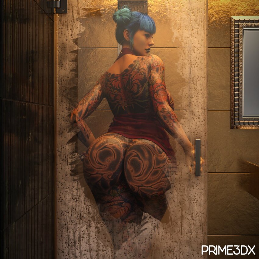 1girl 3d against_glass arm_tattoo artist_name asian ass ass_tattoo back_tattoo bathroom blue_hair cheri_nowlin cyberpunk_(series) cyberpunk_2077 double_bun earrings hair_bun highres hoop_earrings huge_ass indoors jewelry leg_tattoo prime3dx shower_(place) solo tattoo