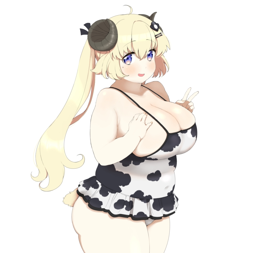 1girl ahoge alternate_body_size alternate_breast_size animal_ears animal_print blonde_hair blue_eyes blush breasts cleavage covered_navel cow_print curled_horns hair_between_eyes hair_ornament hairclip highres hololive horns huge_breasts long_hair looking_at_viewer looking_to_the_side okunin open_mouth plump sheep_ears sheep_girl sheep_tail short_tail skindentation solo tail thick_thighs thighs tsunomaki_watame twintails v virtual_youtuber white_background