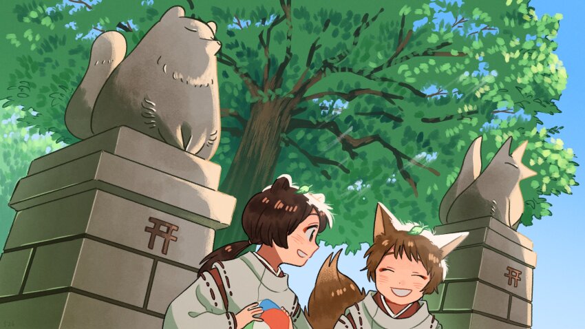 2girls animal_ears ball beachball brown_hair commentary_request fox_ears fox_girl fox_statue fox_tail highres japanese_clothes kariginu kojiro337 leaf leaf_on_head long_hair looking_at_another low_ponytail miko multiple_girls original outdoors raccoon_ears raccoon_girl raccoon_tail short_hair shrine statue tail tanuki_statue tree