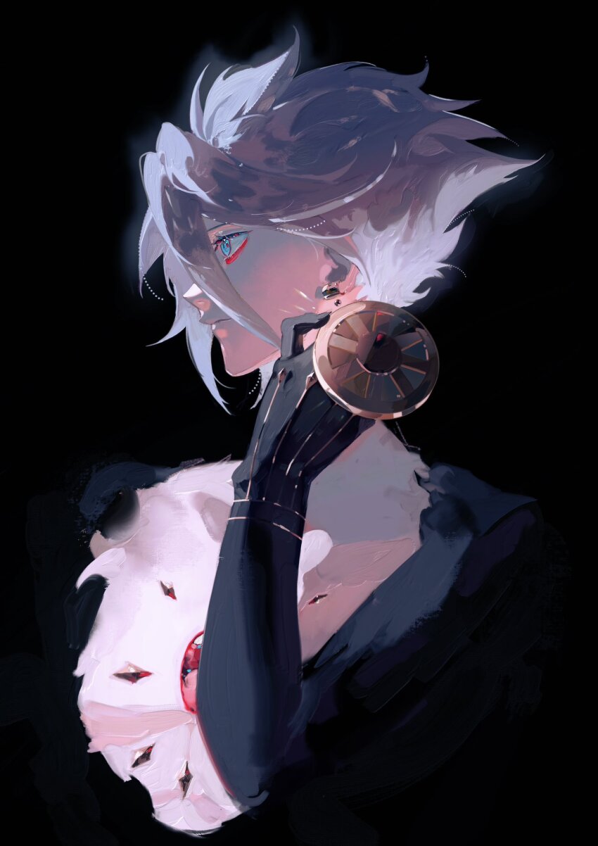 1boy bishounen black_background blue_eyes chest_jewel earrings eyeshadow fate/apocrypha fate/grand_order fate_(series) floating_earring hair_between_eyes highres holding holding_jewelry jewelry karna_(fate) kikiccree makeup male_focus pale_skin profile red_eyeshadow short_hair simple_background solo upper_body white_hair