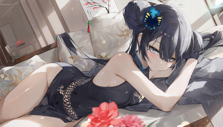 1girl bare_shoulders black_dress black_gloves black_hair blue_archive blush braid braided_bun breasts butterfly_hair_ornament china_dress chinese_clothes coat dema_hmw double_bun dragon_print dress flower gloves grey_coat grey_eyes hair_bun hair_ornament half_gloves halo kisaki_(blue_archive) long_hair long_sleeves looking_at_viewer lying off_shoulder on_side pelvic_curtain pinstripe_pattern short_dress side_slit small_breasts solo thighs twintails unworn_coat