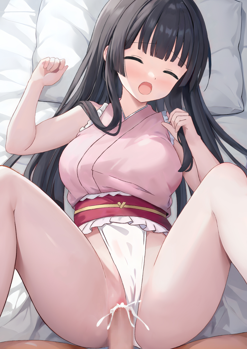 1boy 1girl absurdres black_hair blunt_bangs blush breasts censored closed_eyes clothing_aside commentary_request cum cum_in_pussy cum_overflow ejaculation feet_out_of_frame frilled_sash fundoshi fundoshi_aside hetero highres hoshimi_tooni houraisan_kaguya japanese_clothes long_hair lying medium_breasts missionary mosaic_censoring on_back on_bed open_mouth penis pillow pink_shirt red_sash sash sex shirt sleeveless sleeveless_shirt solo_focus spread_legs touhou touhou_tag_dream vaginal